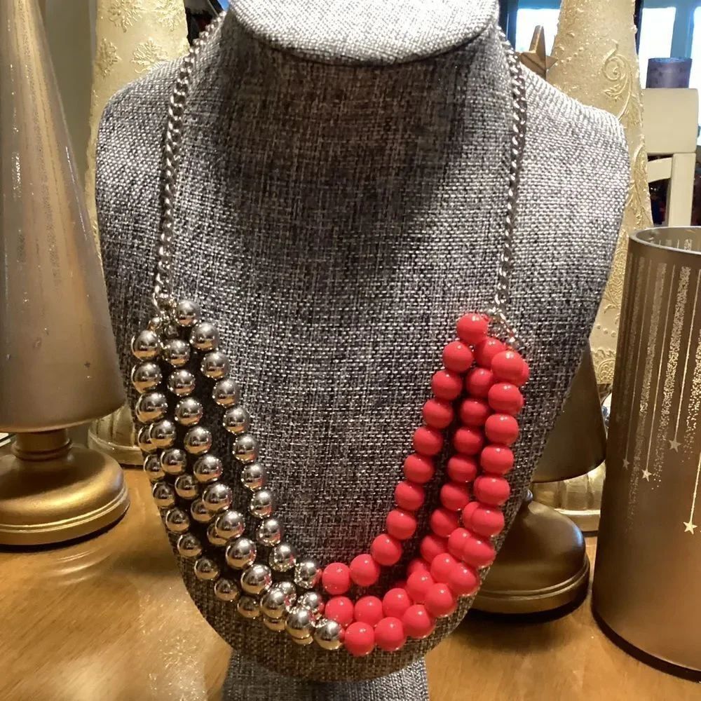 Two Tone Silvertone and Bright Pink Beaded 4 Strand Necklace on Chain